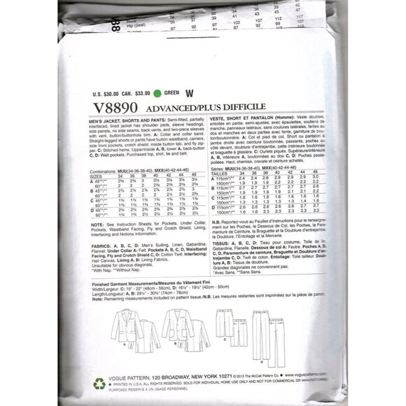 Vogue V8890 Mens 40 to 46 Jacket, Shorts and Pants Uncut Sewing Pattern - Picture 2 of 2